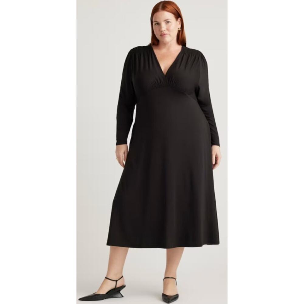 QUINCE Tencel Jersey V-Neck Long Sleeve Midi Dress Flowy Minimalist Size M